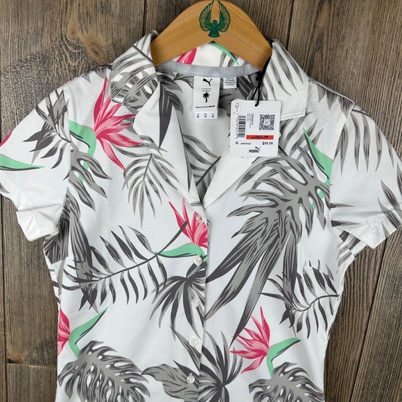 Puma x PTC Paradise Camp Shirt Women XS Bright White Tropical Golf Button Up NWT - Picture 3 of 9